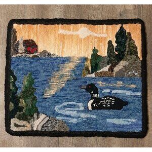 Vtg Folk Art Style Hand Hooked Small Rug of a Loon On A Peaceful Lake Wall Art